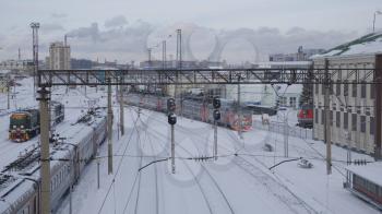 BARNAUL - JANUARY 21 train station and departing trains in winteron January 21, 2020 in Barnaul, Russia.
