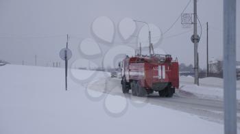 BARNAUL - JANUARY 21 fire truck in a hurry to call in winter on January 21, 2020 in Barnaul, Russia.