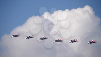 Moscow Russia Zhukovsky Airfield 31 August 2019: aerobatic team swifts MiG-29 perfoming demonstration flight of the international aerospace salon MAKS-2019.