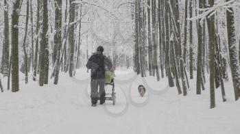 MOSCOW - JANUARY 17: winter walk father with a baby in a stroller with a dog on January 17, 2018 in Moscow, Russia.