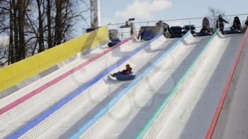 MOSCOW - JANUARY 16: ice slide, tubing, winter on January 16, 2018 in Moscow, Russia.