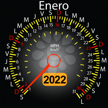 2022 year calendar speedometer car in Spanish January.