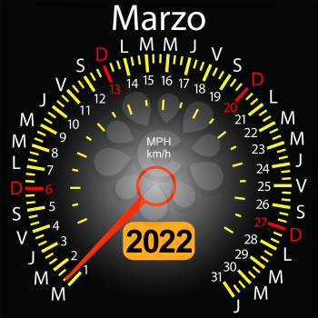 2022 year calendar speedometer car in Spanish March.