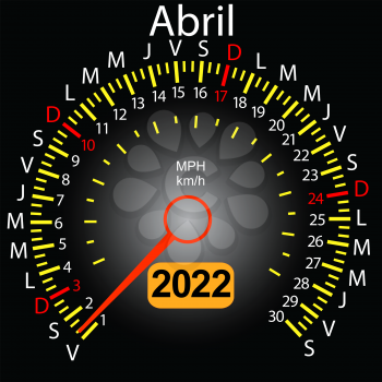 2022 year calendar speedometer car in Spanish April.