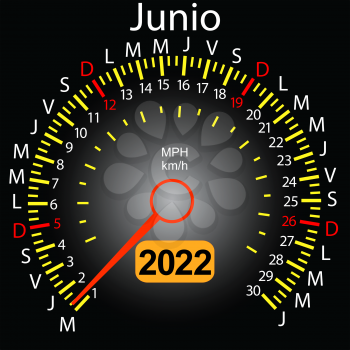 2022 year calendar speedometer car in Spanish June.