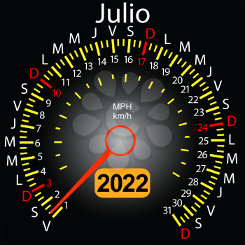 2022 year calendar speedometer car in Spanish July.