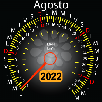 2022 year calendar speedometer car in Spanish August.
