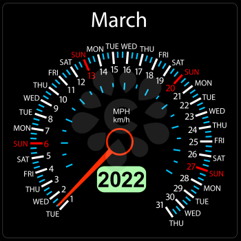 The 2022 year calendar speedometer a car March.