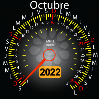 2022 year calendar speedometer car in Spanish October.
