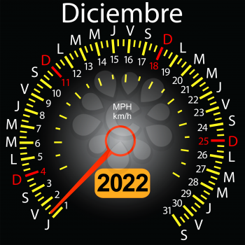 2022 year calendar speedometer car in Spanish December.