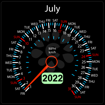The 2022 year calendar speedometer a car July.