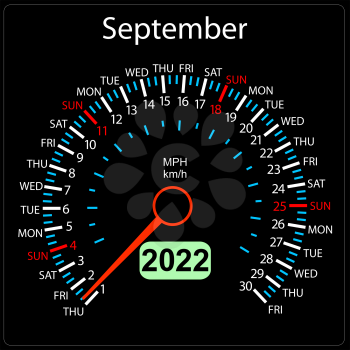 The 2022 year calendar speedometer a car September.