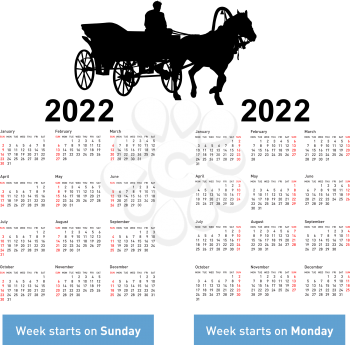 Calendar for 2022 of horse silhouettes isolated on white background.