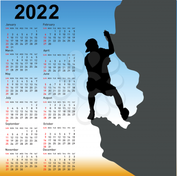 Stylish calendar with silhouette rock climber on against the blue sky for 2022.