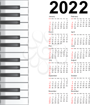 New calendar 2022 with a musical background piano keys.