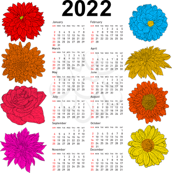 Stylish calendar with flowers for 2022. Week Sundays first.
