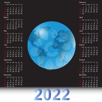 Calendar 2022 with a globe on the black sky.