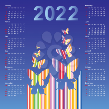 Stylish calendar with butterflies for 2022. Week starts on Sunday.