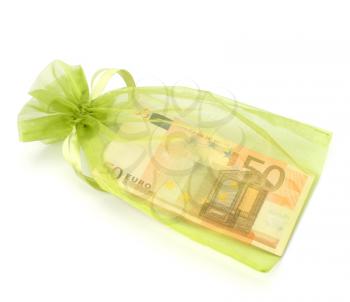 Dotation concept. Money inside gift bag isolated on white background.
