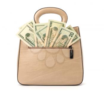 Glamour handbag full with money isolated on white background