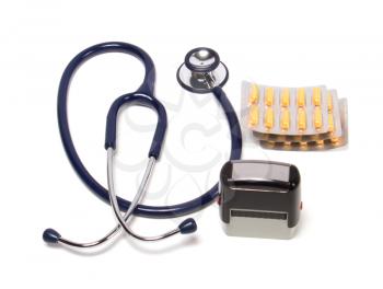stethoscope, tablets  and doctor seal isolated on white background