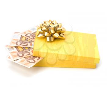 Dotation concept. Money inside gift box isolated on white background.