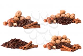 grated chocolate, nuts and cinnamon isolated on white background