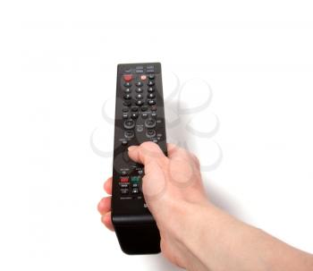 Hand holding tv remote control isolated on white background