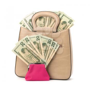 Glamour handbag full with money isolated on white background