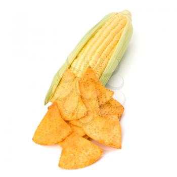 Corn cob and corn chips isolated on white background