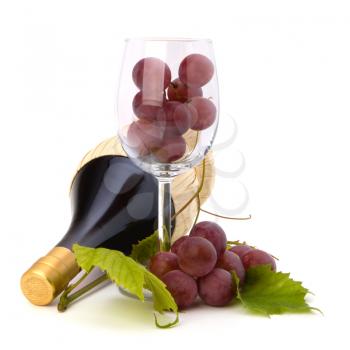 red wine bottle and glass full with grapes  isolated on white background