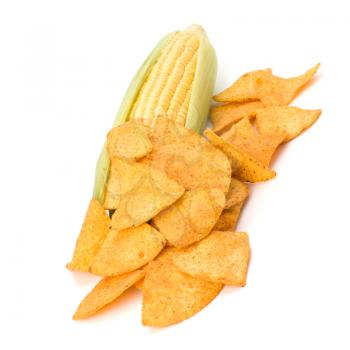 Corn cob and corn chips isolated on white background