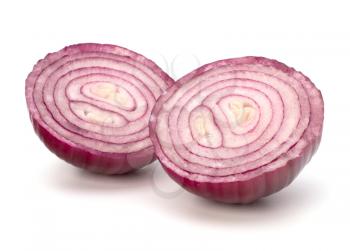 Red sliced onion half isolated on white background