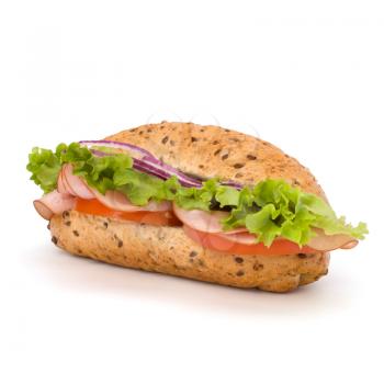 Big appetizing  fast food baguette sandwich with lettuce, tomato, smoked ham and cheese isolated on white background. Junk food subway.