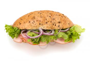 Big appetizing  fast food baguette sandwich with lettuce, tomato, smoked ham and cheese isolated on white background. Junk food subway.