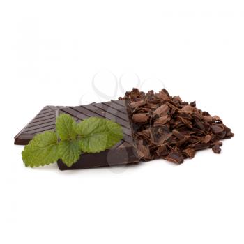 Chocolate bars and mint leaf isolated on white background