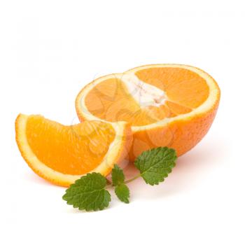 Orange fruit segment and citron mint leaf isolated on white background