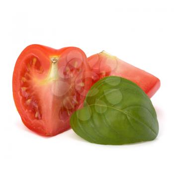 Tomato vegetable segment and basil leaf isolated on white background