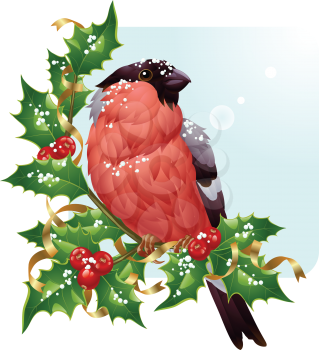 Royalty Free Clipart Image of a Bullfinch and Holly