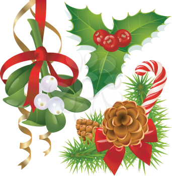 Royalty Free Clipart Image of Candy Cane, Pine cones, Mistletoe and Holly