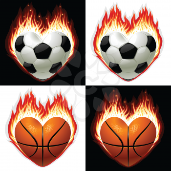 Royalty Free Clipart Image of a Flaming Basketballs and Soccer Balls