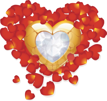 Royalty Free Clipart Image of a Jewel Heart and Rose Petals