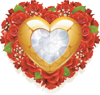 Royalty Free Clipart Image of a Heart with Roses and a Jewel