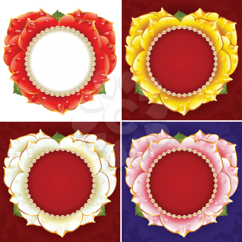 Vector flower heart frame set. Red, white, pink and yellow rose with pearl necklace
