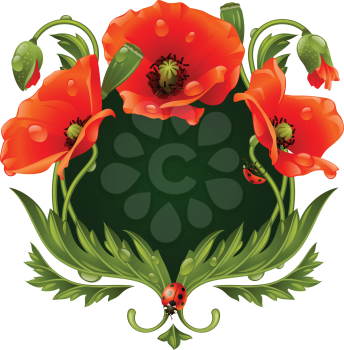 Vector frame with red poppies and ladybug in the shape of floral beast face
