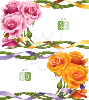 Vector horizontal frame set of yellow and pink roses intertwined with a ribbon
