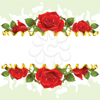 Vector horizontal frame whith red roses and golden ribbon