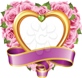 Vector rose frame in the shape of heart. Pink flowers, ribbon, golden border and green diamond
