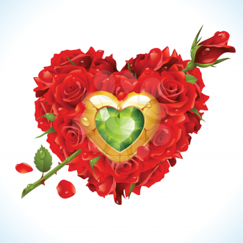 Vector red Roses, golden jewel and green crystal in the shape of heart with flower 
