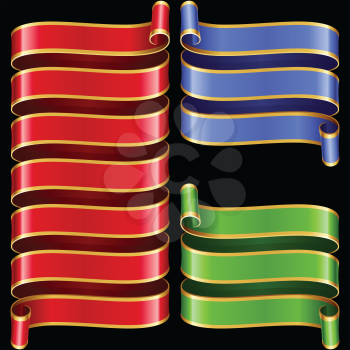 Vector ribbon frames set. Blue, yellow and red banners with golden border isolated on black background